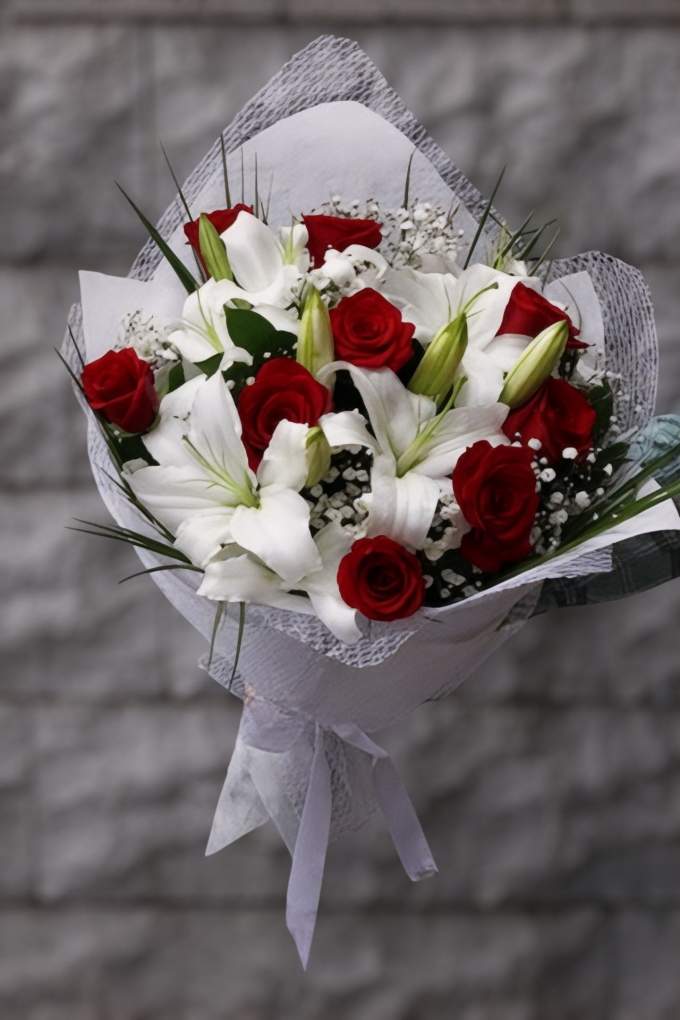 Kırmızı Gül ve Beyaz Lilyum Buketi