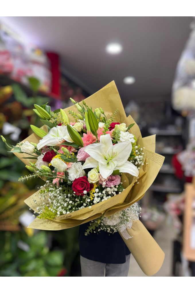 Lilyum Gül Gelbera Buketi