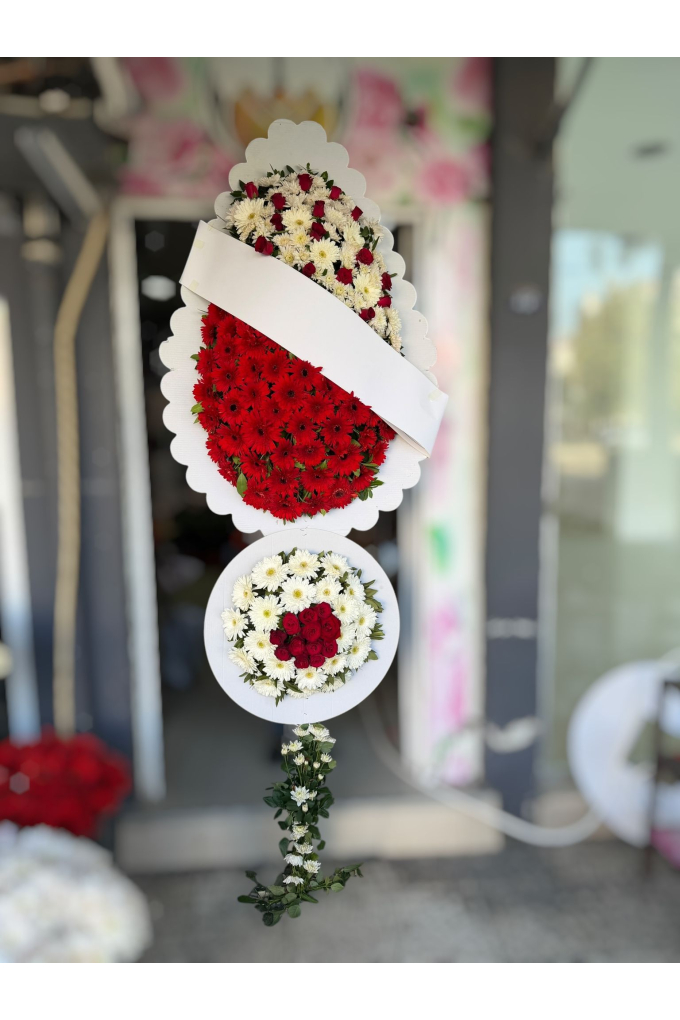 Kırmızı Güllü Gelberalı Kasımpatılı Çiftli Çelenk