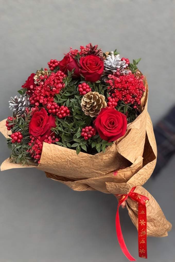 Kırmızı Gül ve Kokina Buketi – Yeni Yıl Özel
