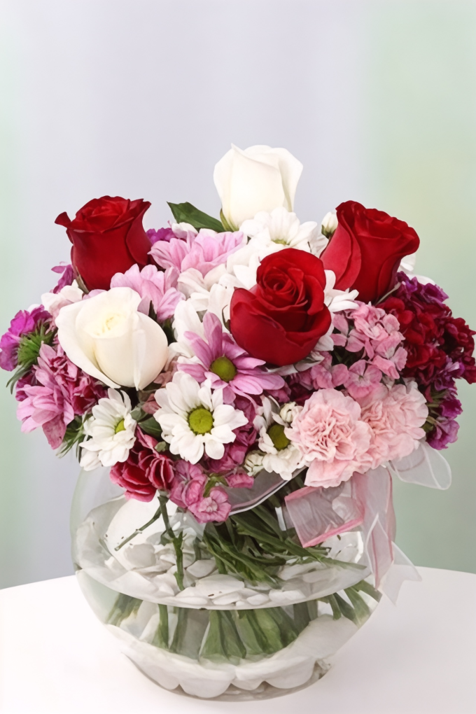 Mevsim Çiçekleri ve Güllü Cam Vazo Aranjmanı