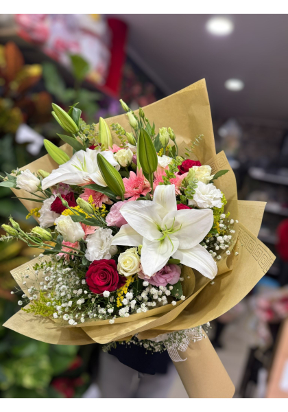 Lilyum Gül Gelbera Buketi