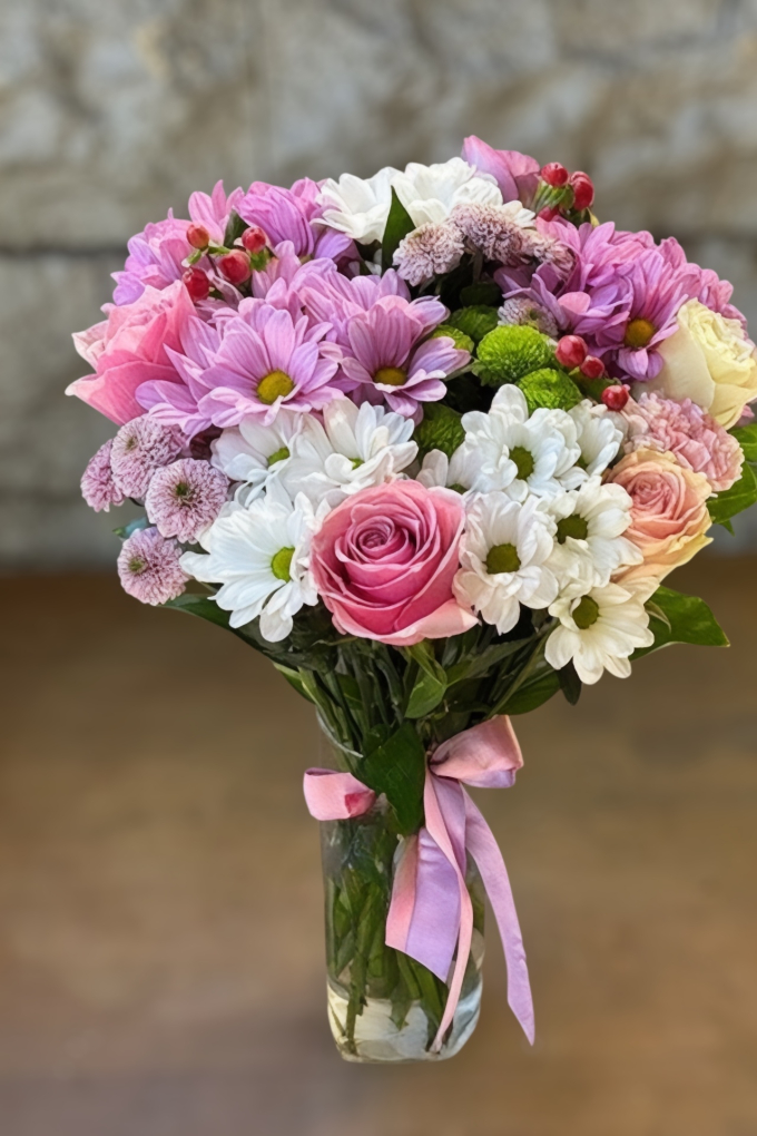 İthal Güllü Kasımpatlı Cam Vazo Aranjman İthal Güllü Kasımpatlı Cam Vazo Aranjman