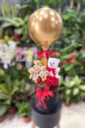 Gold Balonlu Ayıcık & Kırmızı Gül Kutusu
