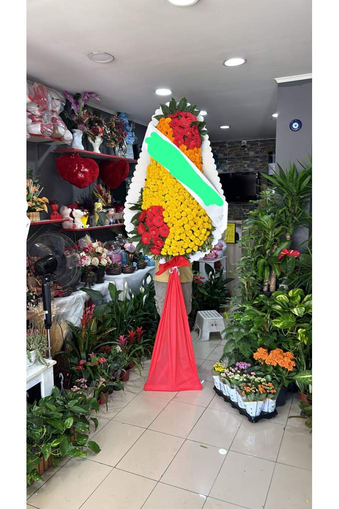 Sarı Cinyalı Kırmızı Yapay Gerberalı Çelenk