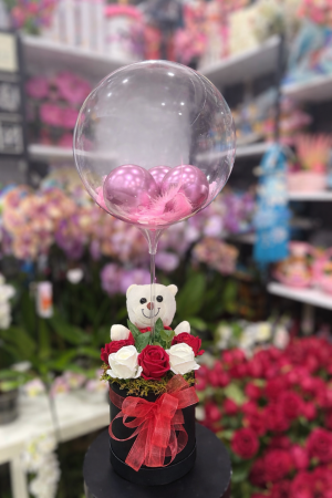 Ayıcık & Gül Tasarımlı Şeffaf Balon Aranjmanı