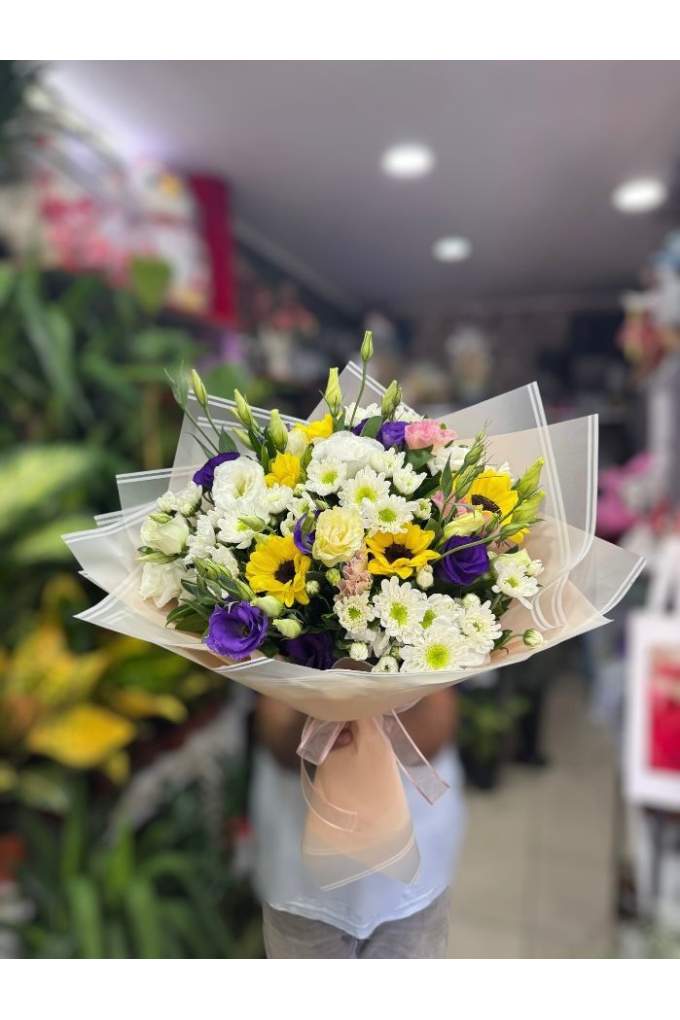 Mor-Beyaz-Sarı Mevsim Buketi