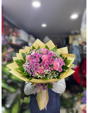 Pembe Gül ve Mor Kasımpatı Buketi