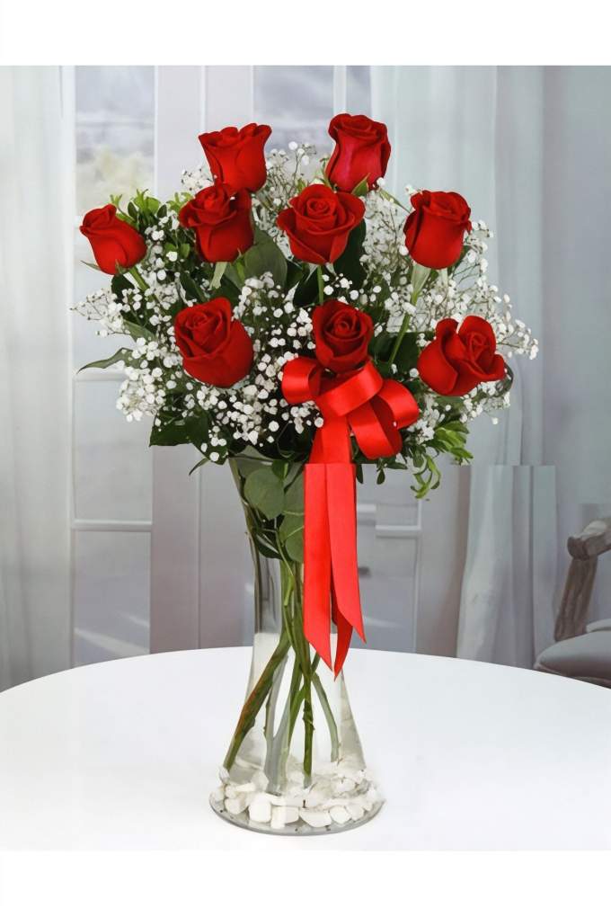Vazoda 9 Gül (Kırmızı)